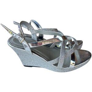 C&M Silver Shiny Glittery High Heel Open Toe Dress Shoes Women's Size 8.5M-READ